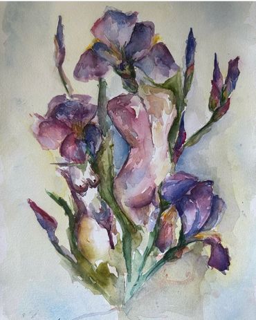 Watercolor painting of purple irises with green stems.
