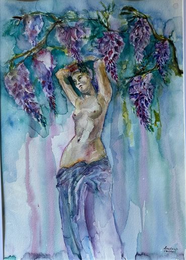 Watercolor painting of a woman beneath hanging purple flowers.