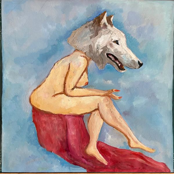 Surreal painting of a nude figure with a wolf head sitting on a red cloth.