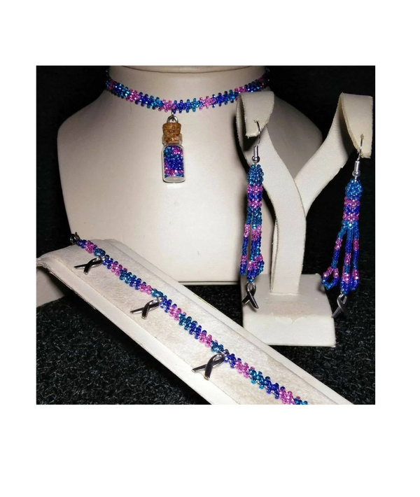 Custom beaded jewelry set, thyroid cancer awareness jewelry. 