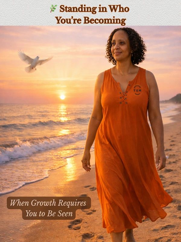 Woman walking on a beach at sunset with a message about personal growth.