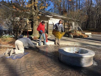 Stamped concrete patio, natural gas fire pit, outdoor living spaces, Decorative concrete, fire pit