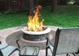 Stamped concrete, firepit, fire feature, Outdoor living space, hardscape contractor, patios