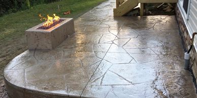 Stamped concrete, natural gas firepit, fire feature, Outdoor living space, hardscapes, patios