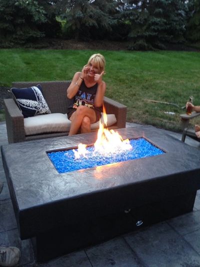 Stamped concrete, firepit, fire feature, Outdoor living space, hardscape contractor, patios