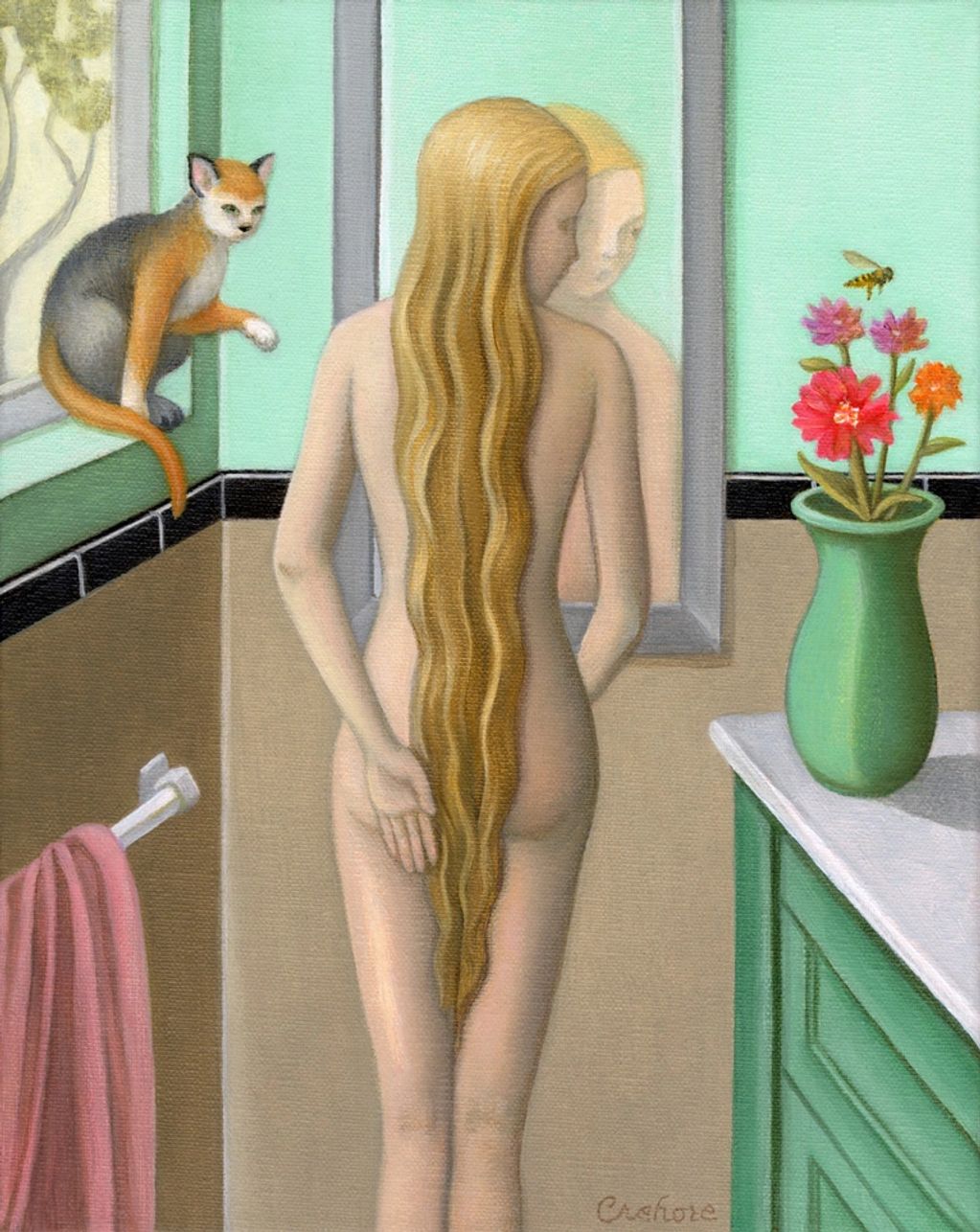 Long haired girl in bathroom with a cat in window, watching a bee flying over a vase of flowers.