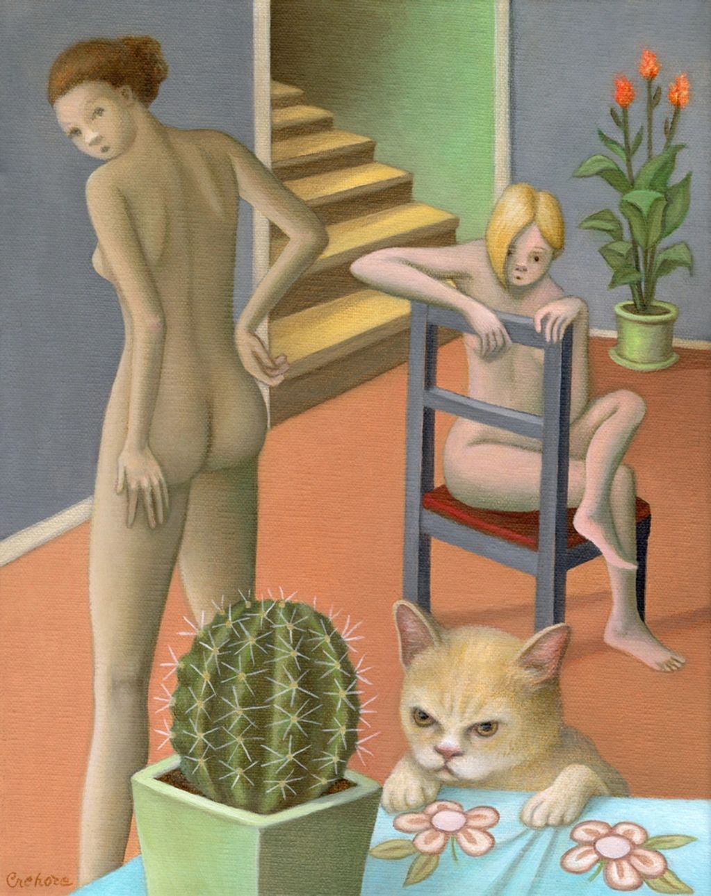 Disgruntled cat staring at cactus with two nude girls in a room