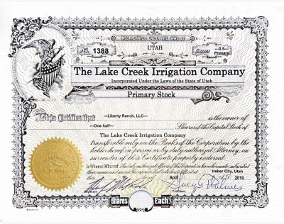 Vintage stock certificate for The Lake Creek Irrigation Company from Utah.