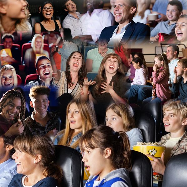 A collage of diverse groups laughing and enjoying at a movie theater.