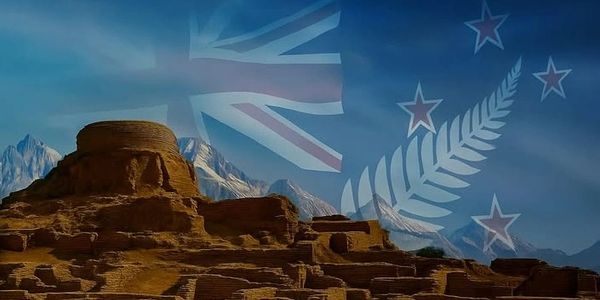 Ancient ruins with a transparent New Zealand flag overlay against a mountainous backdrop.