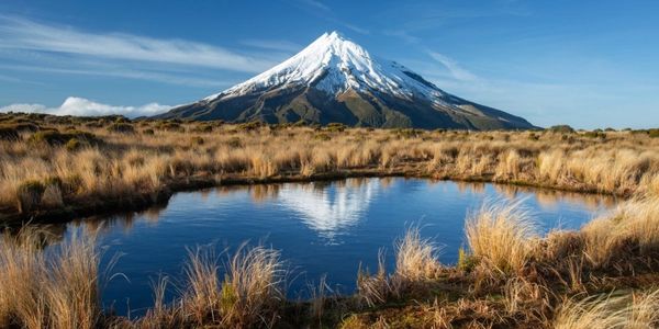 Snow-capped mountain reflected in a serene pond surrounded by tall grass.