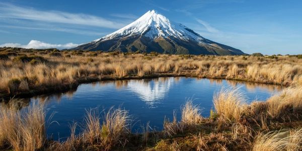 Snow-capped mountain reflected in a serene pond surrounded by tall grass.