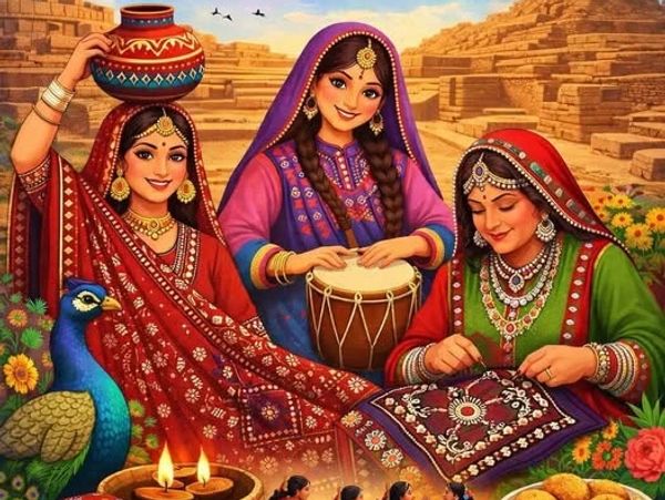 Three women in traditional attire engaged in cultural activities with a peacock nearby.