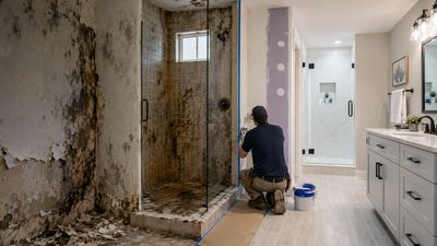 Person renovating a bathroom shower area.