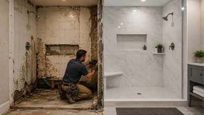 Man renovating a bathroom shower area.