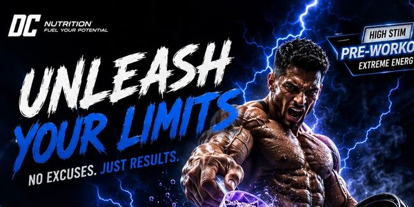 Muscular man promoting a pre-workout supplement called UNLEASH YOUR LIMITS.