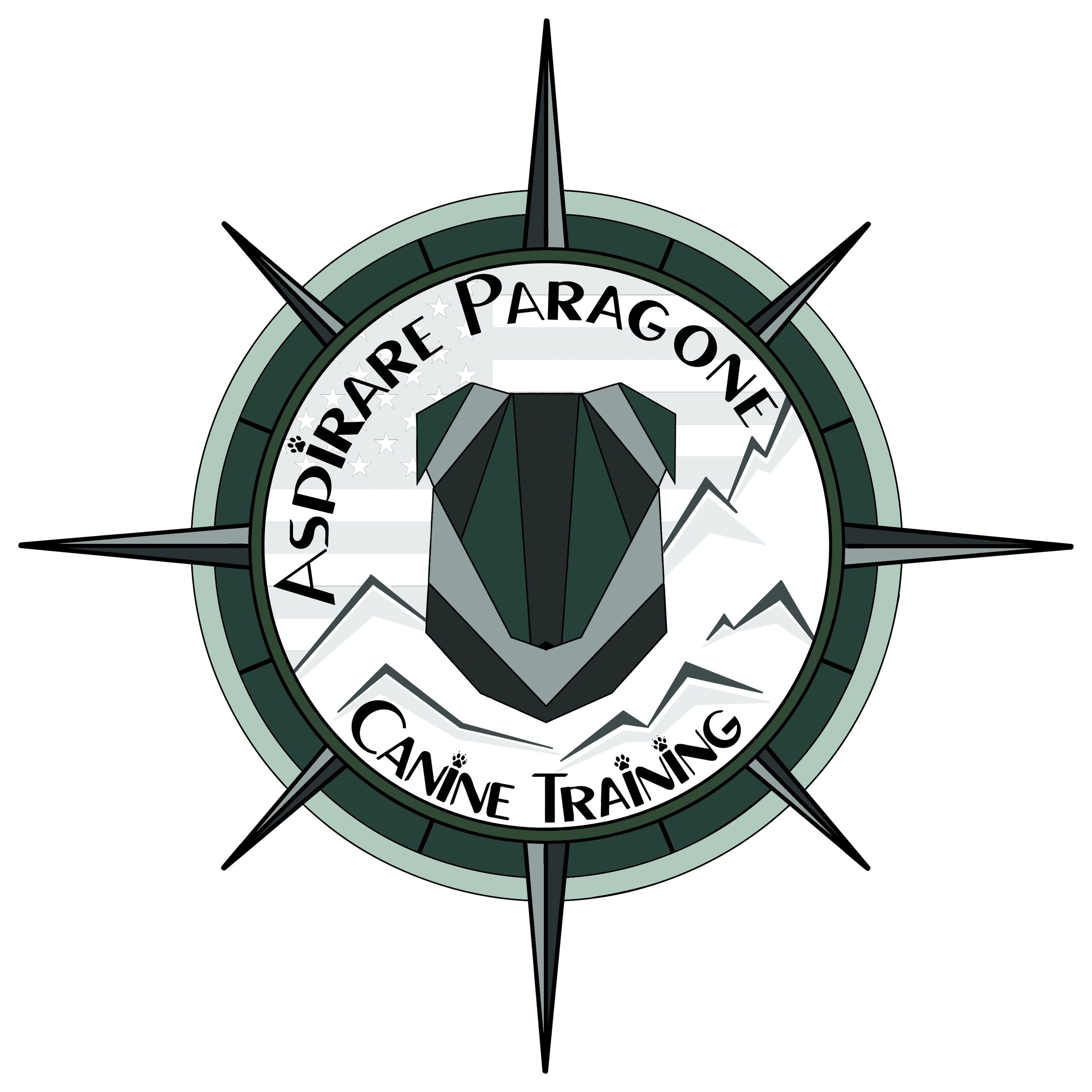 Logo of a canine training service with a compass and dog head.