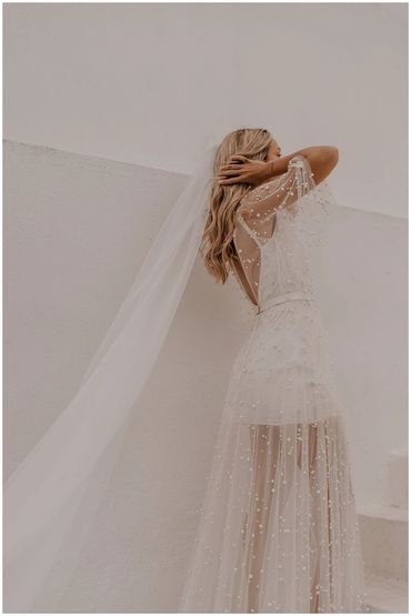 Chloe. Pearl sheer bridal dress with short slip underneath. This can be worn with a long slip Hurst