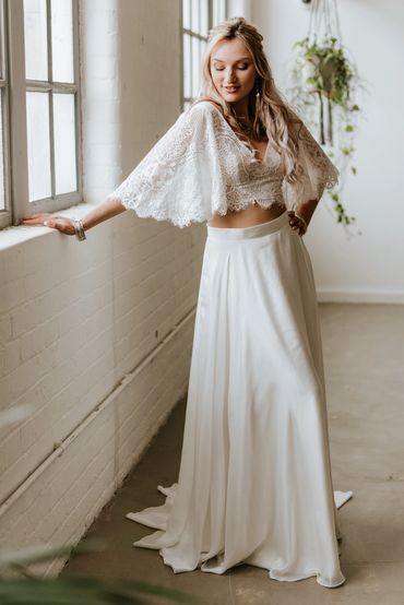 Della topper Maya Skirt. Bridal separates with long skirt and cropped lace top with fluted sleeves