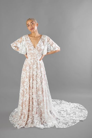 Fflur. floral lace wedding dress with fluted sleeve and nude colour lining
Binfield Cookham Surrey