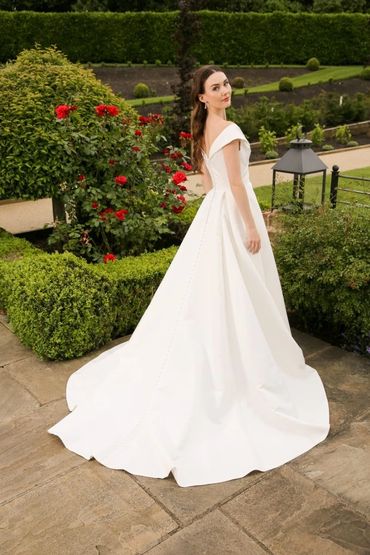 off the shoulder princess wedding dress cross over bodice
