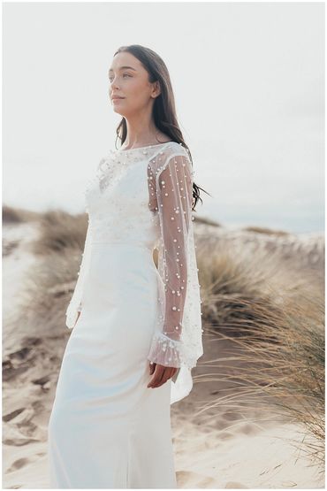 Zoey Pearl topper. Slip dress worn with sheer top adorned with pearls. Perfect bridal evening look