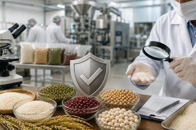 Scientist inspecting grains in a lab ensuring quality and safety.