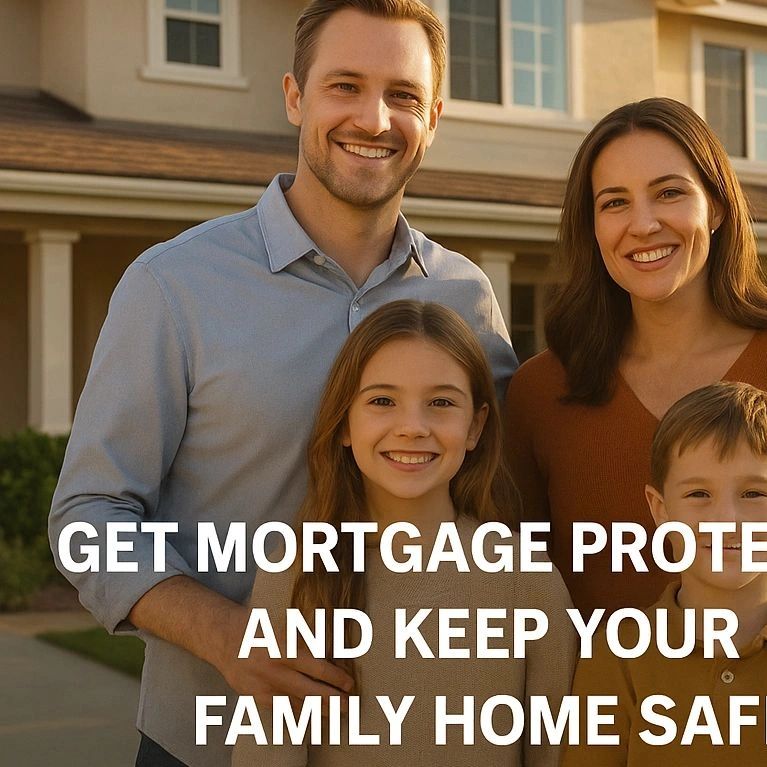 Happy family standing outside their home promoting mortgage protection.