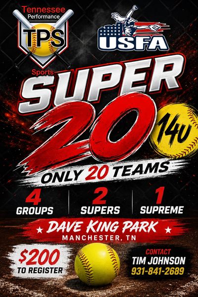 Softball tournament flyer for Super 20 14u at Dave King Park.