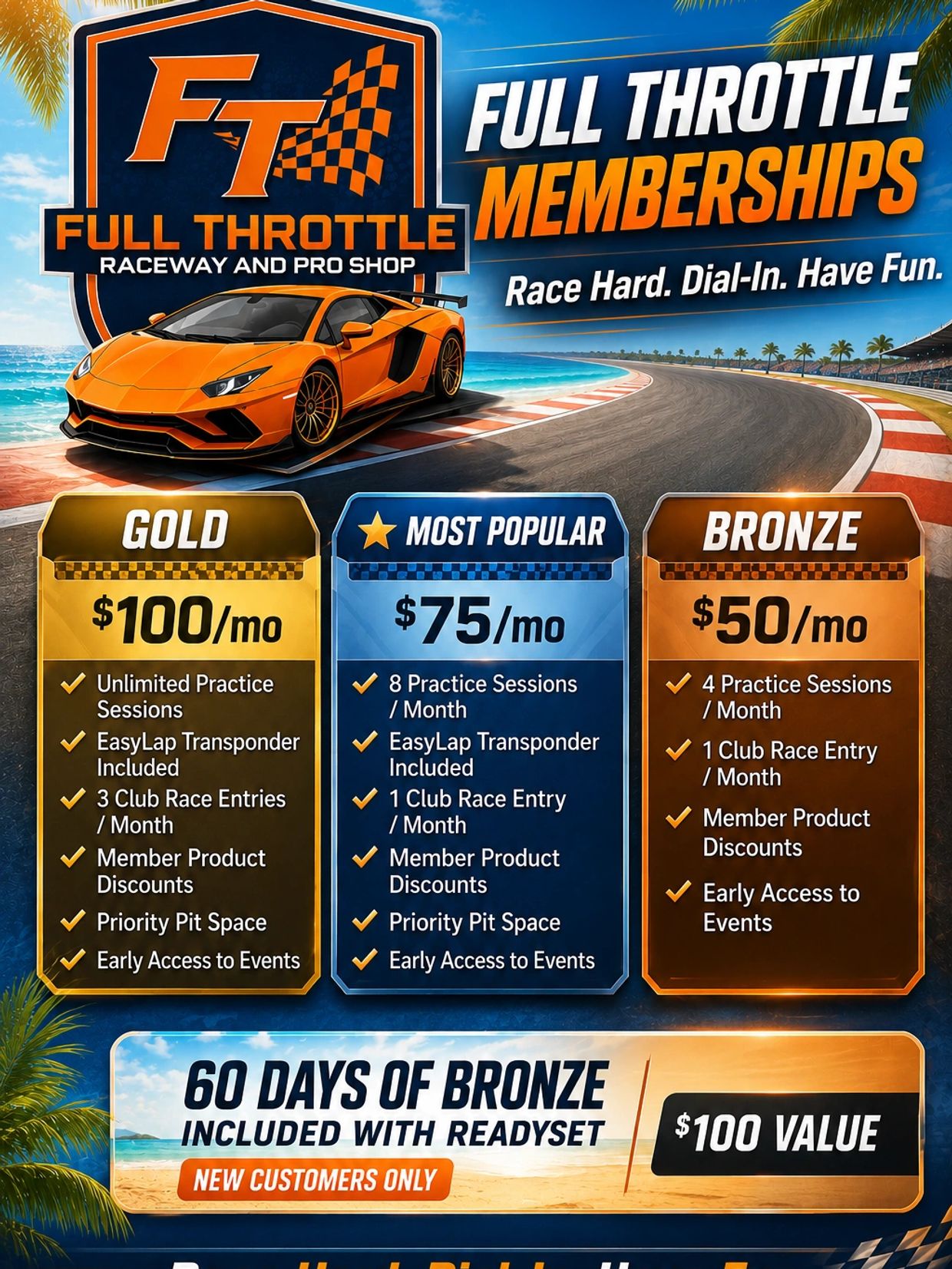 Full Throttle raceway offers Gold, Most Popular, and Bronze memberships with various racing perks.