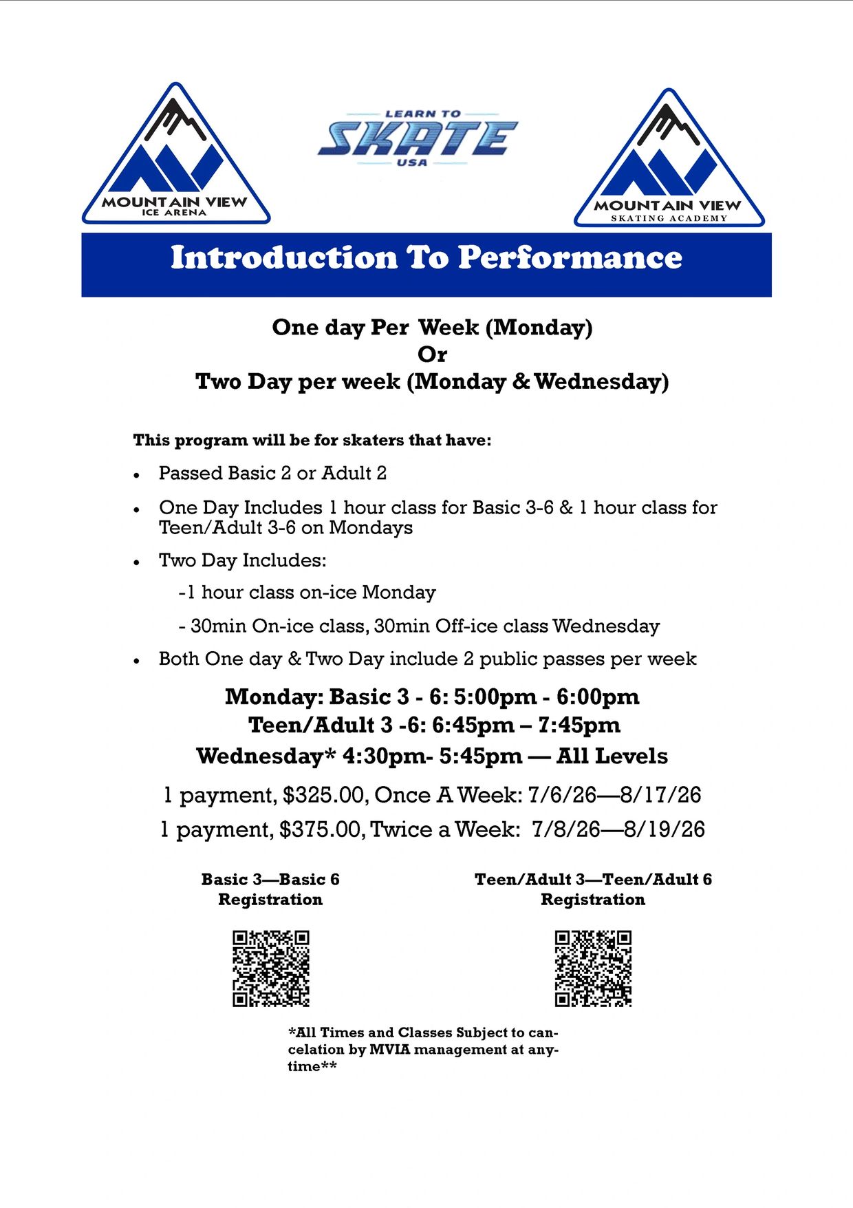 Information flyer for Introduction to Performance skating classes at Mountain View Ice Arena.