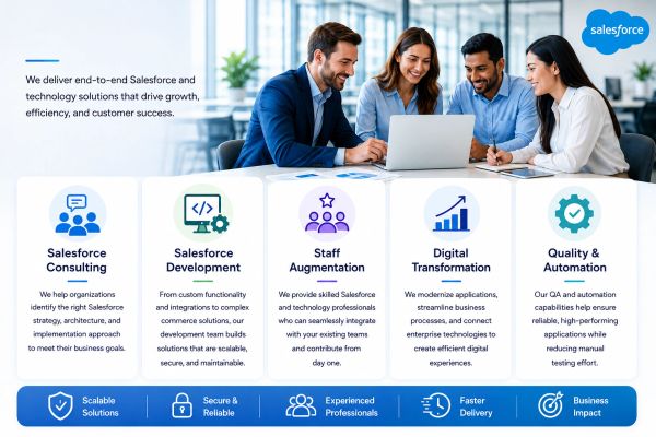Team discussing Salesforce and technology solutions for growth and efficiency.