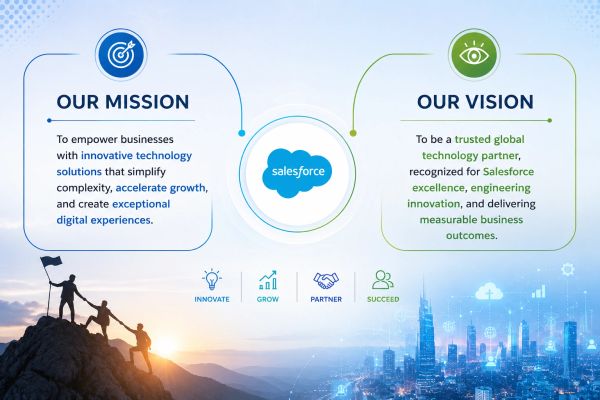 Mission and vision of a Salesforce partner focusing on innovation and measurable business outcomes.
