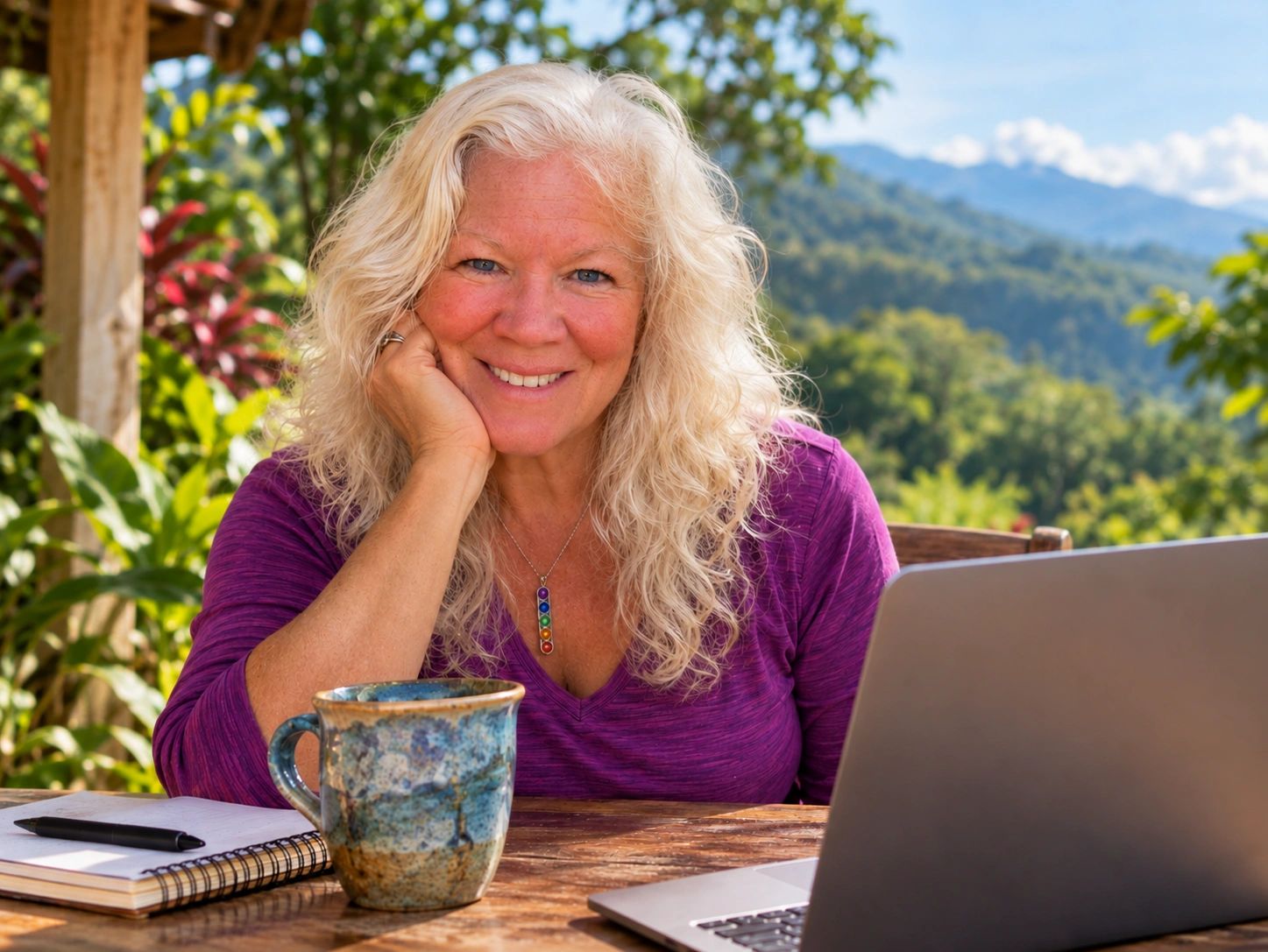 Smiling woman with curly blonde hair sitting outdoors with a laptop.