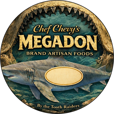 Logo featuring a shark with large teeth and the text Chef Chevy's Megadon.