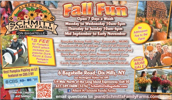 Fall Fun at Schmitt Family Farm with pumpkin picking, hayrides, and more.