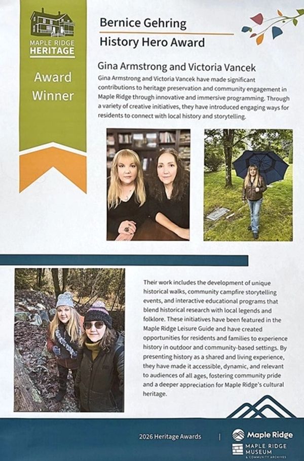 Poster showing Maple Ridge Award Winner Haunted History BC, recipients of the Bernice Gehring Histor