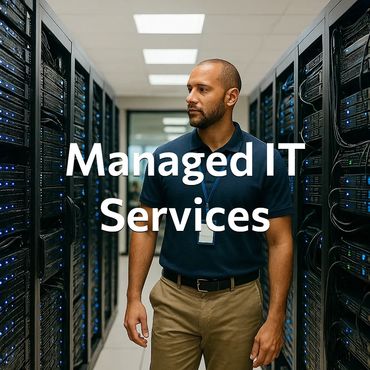 IT professional standing between server racks in a data center.