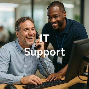 Two men providing friendly IT support in an office setting.