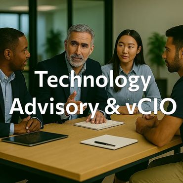Business professionals discussing technology advisory and vCIO services in a meeting.