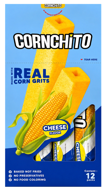 Cornchito cheese flavor corn snack made with real corn grits.