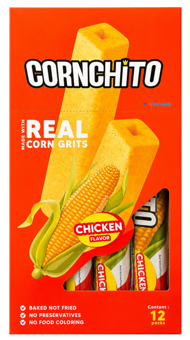 Cornchito chicken flavor snacks made with real corn grits.