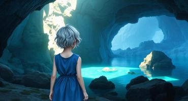 Young girl in a cave with blue pool of water.