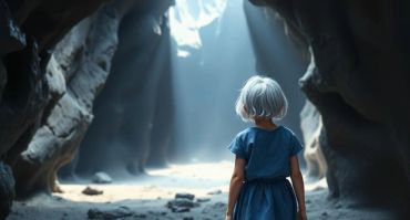 Young girl in a cave where light is filtering in.