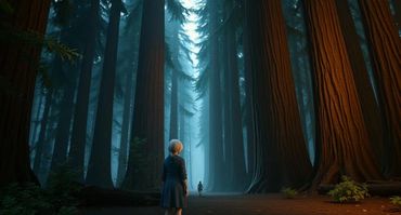 Young girl in a dark redwood forest.