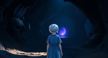 Girl in a cave with a violet light in the distance.