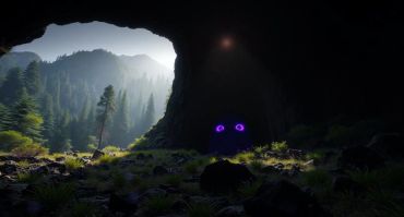 In a dark cave two glowing violet eyes peer out.
