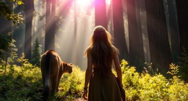 Girl with a mountain lion walking through a sunny redwood forest.