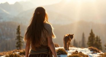 Girl with mountain lion they are walking towards a snow topped mountain.
