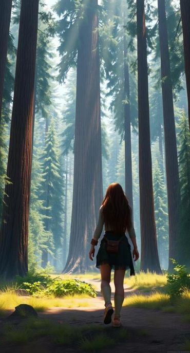 A girl walks through a sunlit redwood forest.